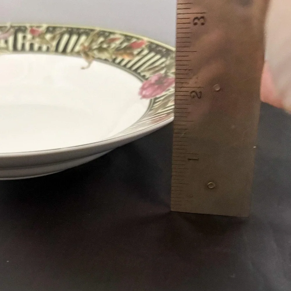 Gibson China Rose Floral Soup Bowls 4 & Dessert Plates 3 Black White Striped
